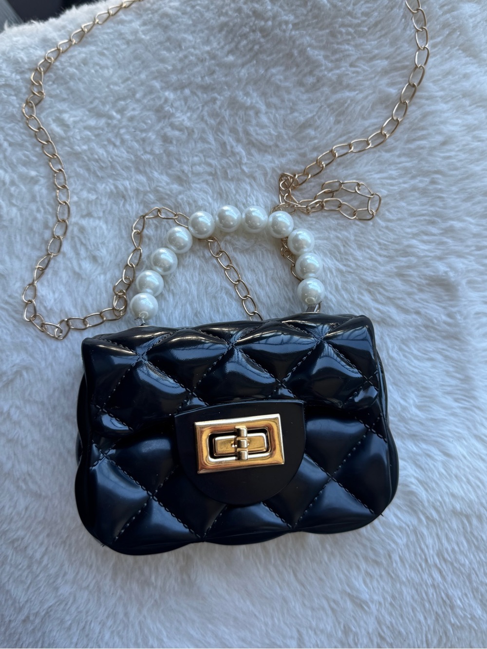 Black Quilted Pearl-Handle Crossbody Bag with Gold Chain